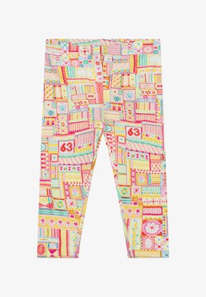 Kleurige legging met een patchworkontwerp en patronen in roze, geel, groen en rood. Gemaakt van rekbare, zachte stof.