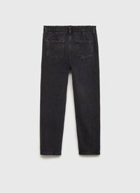 Črne denimske hlače z elastičnim pasom, ki imajo dva zadnja žepa in ozek kroj. Gladka tekstura z minimalnimi poškodbami.