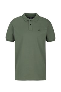 Kurzärmliges Poloshirt aus olivgrünem Baumwollstoff mit Kragen, drei-knopfiger Knopfleiste und kleinem schwarzen Logo auf der Brust.