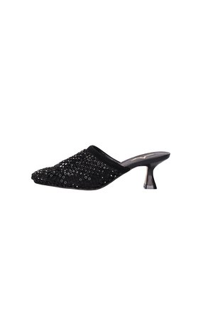 Black sequined mule shoe with low curved heel and pointed toe, designed for slip-on wear.