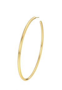 Gold hoop earring, circular shape, smooth and reflective surface, open design with a slender profile, minimalistic style.
