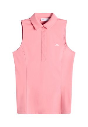 Polo sans manches rose avec col, patte de boutonnage, et petit logo blanc J.Lindeberg sur le côté gauche de la poitrine.