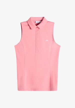 Mouwloze roze poloshirt met kraag, knopenlijst en klein wit J.Lindeberg-logo op de linkerborst.