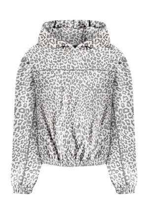 Kapuzenpullover mit grauem und weißem Leopardenmuster, elastischen Bündchen und Bund, langen Ärmeln und einer Vordertaschennähte.