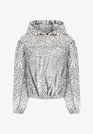 Kapuzenpullover mit grauem und weißem Leopardenmuster, elastischen Bündchen und Bund, langen Ärmeln und einer Vordertaschennähte.