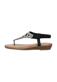 Sandalo nero con stringa decorata, caratterizzato da accenti in tonalità argento e una suola interna marrone imbottita. La suola in gomma flessibile offre comfort.