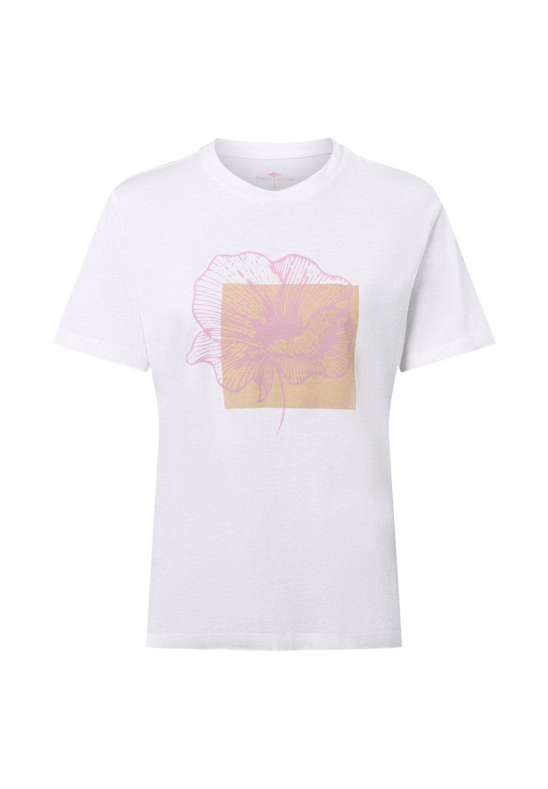 Weißes Baumwoll-T-Shirt mit einer rosa Linienzeichnung einer Blume in einem hellbraunen Quadrat. Kurze Ärmel, runder Ausschnitt, lockere Passform.
