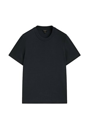 Simpel sort T-shirt med korte ærmer og rund hals, med lige kant, vist fladt på en hvid baggrund.