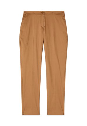 Pantalones color marrón claro de corte recto, con cierre frontal de botón y cremallera, bolsillos laterales y una tela lisa, sin arrugas.