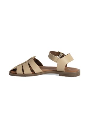 Beige Leder-Sandalette mit mehreren breiten Riemen, offenem Zehenbereich und verstellbarem Knöchelriemen. Flache Sohle mit einer braunen strukturierten Innensohle.