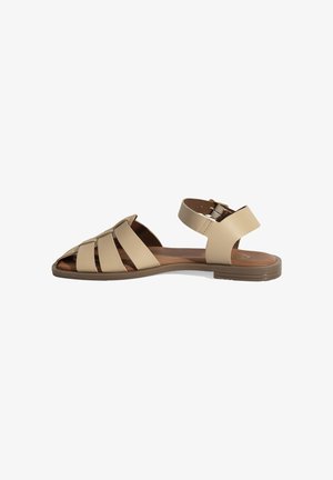Beige Leder-Sandalette mit mehreren breiten Riemen, offenem Zehenbereich und verstellbarem Knöchelriemen. Flache Sohle mit einer braunen strukturierten Innensohle.