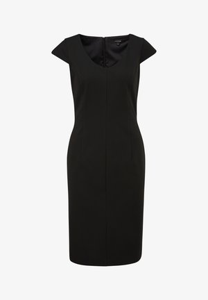 Schwarzes, figurbetontes Kleid mit Rundhalsausschnitt, kurzen Ärmeln und Reißverschluss hinten. Hergestellt aus glattem Stoff mit taillierter Silhouette und ohne Muster.