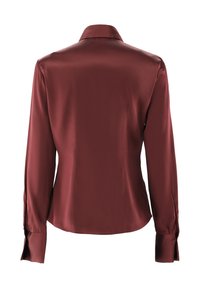 Maroon satin long-sleeve shirt with a collar. Smooth texture, fitted silhouette, and buttoned cuffs. Back view reveals clean, simple lines.