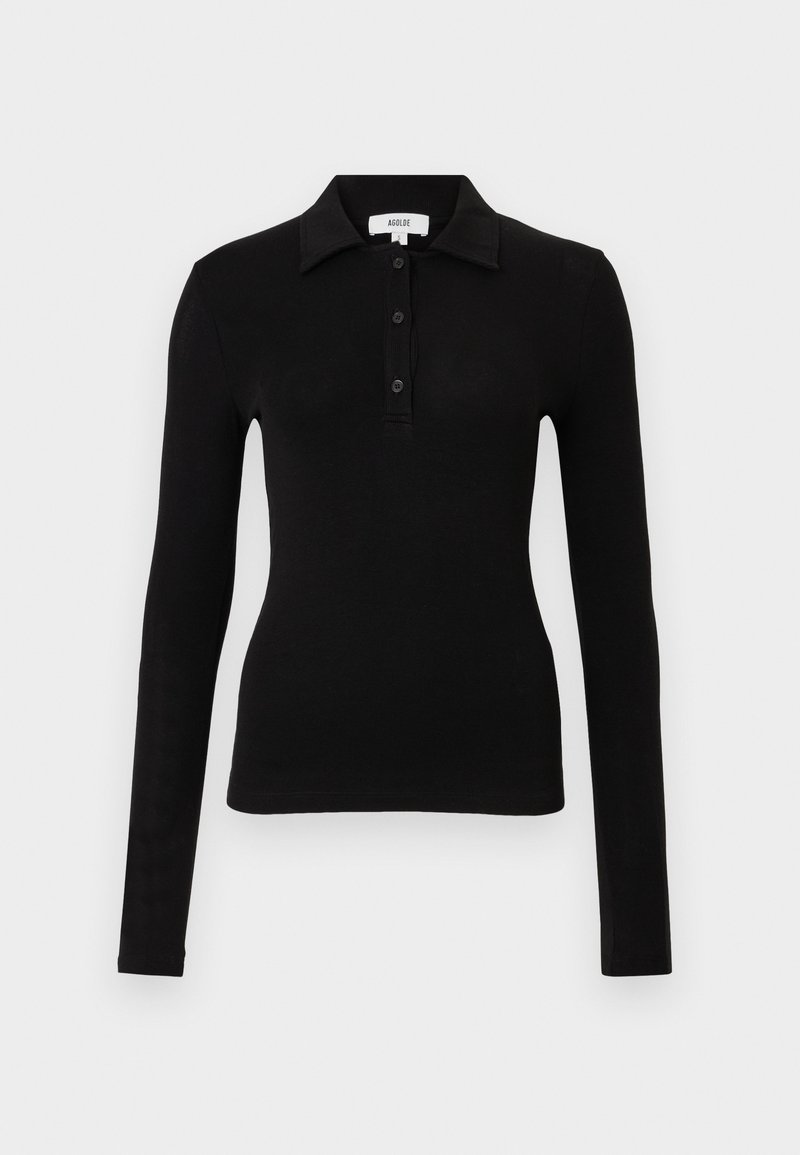 Zwart poloshirt met lange mouwen van zachte stof, met een kraag, knoopsluiting en een aansluitend ontwerp voor een gestroomlijnde uitstraling.