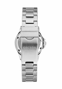 Orologio in acciaio inossidabile argentato con superficie spazzolata, bracciale a maglie e chiusura sicura. Sul retro è visibile il logo "SECTOR".