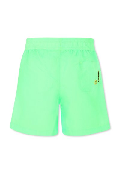 Costumi da bagno verde neon con cintura elastica, caratterizzati da una tasca a toppa sul retro e dettagli di logo discreti. Tessuto con una texture liscia.