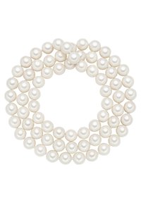 Collar de perlas blancas con múltiples hilos de perlas redondas y suaves, que presentan un brillo uniforme y están enhebradas con un hilo transparente.