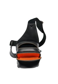Borsa a tracolla nera in pelle con interni arancioni, dotata di due scomparti con zip e una tracolla imbottita per il massimo comfort.