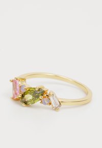 Gold ring featuring four gemstones: pink rectangular, green marquise, blue round, and clear emerald-cut. Smooth shank and polished finish.