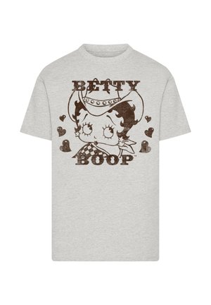 Graues Baumwoll-T-Shirt mit einem abgenutzten, braunen Grafikdesign eines Cartoon-Charakters mit Herzen und dem Text "BETTY BOOP" darüber.