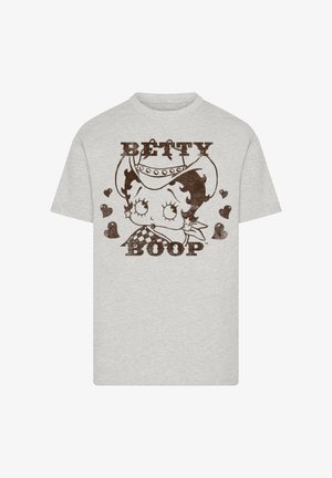 Graues Baumwoll-T-Shirt mit einem abgenutzten, braunen Grafikdesign eines Cartoon-Charakters mit Herzen und dem Text "BETTY BOOP" darüber.