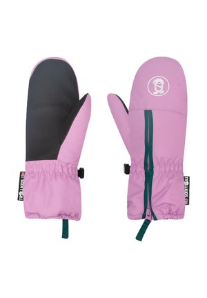 Pair of pink children's mittens with black palm grip, elastic wrist, a zipper on the back, and a cartoon logo on one mitten.