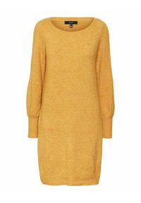 Robe en tricot jaune moutarde avec un col rond, des manches longues bouffantes et des poignets côtelés. Texture douce et coupe décontractée.