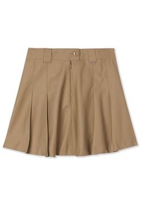 Jupe plissée couleur fauve en tissu léger. Comprend une fermeture à boutons, une braguette zippée, et une ceinture avec passants. Texture lisse, design minimaliste.