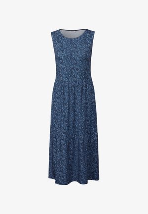 Niebieska sukienka bez rękawów w liściasty wzór, wykonana z miękkiego materiału. Silueta w kształcie litery A z lekko marszczoną talią, sięgająca do połowy łydki.