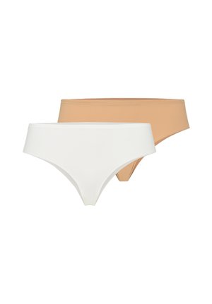 To sømløse damebikinier i hvid og beige, vist fladt på en hvid baggrund.