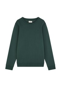 Mørkegrøn sweatshirt lavet af blødt stof. Har rund hals, lange ærmer, ribbede manchetter og kant, samt et lille logo på brystet.