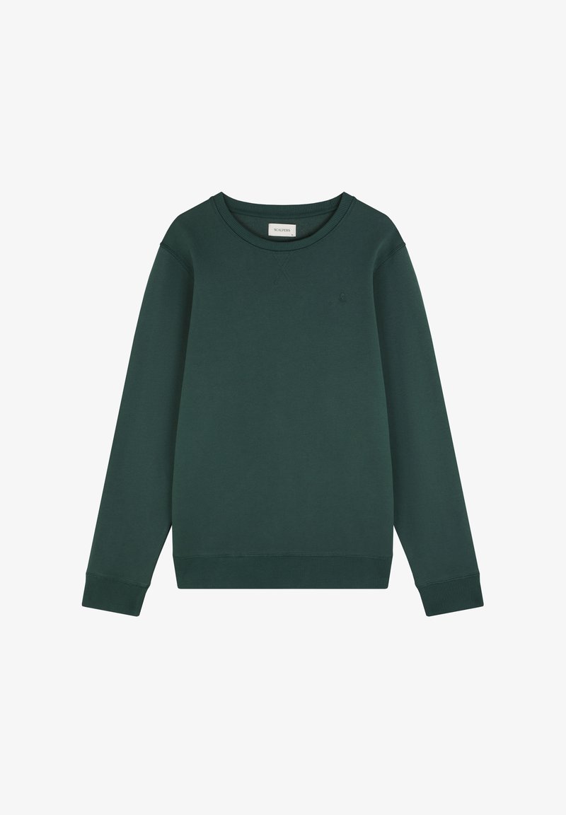 Dunkelgrüner Pullover aus weichem Material. Mit Rundhalsausschnitt, langen Ärmeln, gerippten Bündchen und Saum sowie einem kleinen Logo auf der Brust.