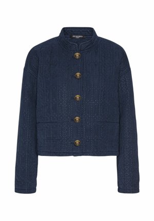 Navy cropped jacket van een gestructureerde stof, met horizontale lijnen en stippenpatronen, afgewerkt met vijf goudkleurige knopen.
