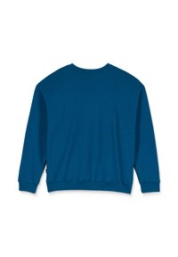 Turquoise blauwe sweatshirt, ronde hals, lange mouwen, ribgebreide manchetten en onderrand, zachte stof, gladde textuur, eenvoudig ontwerp, geen grafische elementen of versieringen.