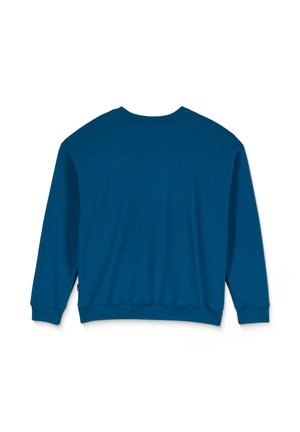 Turquoise blauwe sweatshirt, ronde hals, lange mouwen, ribgebreide manchetten en onderrand, zachte stof, gladde textuur, eenvoudig ontwerp, geen grafische elementen of versieringen.