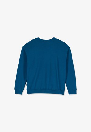 Sudadera de color azul turquesa, de cuello redondo, con mangas largas, puños y dobladillo de canalé, tela suave, textura lisa, diseño simple, sin gráficos ni adornos.