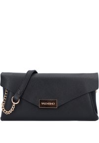 Black leather clutch bag with a fold-over design, gold chain strap, metallic logo plaque, and a textured finish.