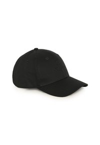 Gorra de béisbol de algodón negra con un logo bordado en la parte frontal, visera curva y seis ojales de ventilación.