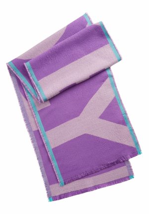 Folded purple and lavender wool scarf with a geometric pattern and thin turquoise borders along the edges.