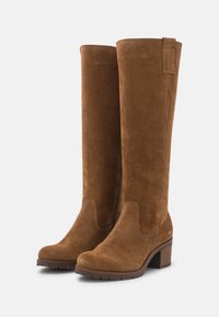 Botas altas de ante marrón hasta la rodilla con tacón cuadrado, punta redondeada y cremallera lateral. Presentan un sutil bordado y una textura suave.