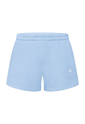 Vaaleansiniset rentoihin tilanteisiin sopivat shortsit, joissa on joustava vyötärönauha ja pieni valkoinen ympyrälogo alareunan oikeassa lahkeessa.