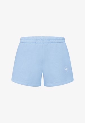 Lyseblå afslappede shorts med elastisk taljebånd og lille hvidt cirkulært logo på det nederste højre ben.