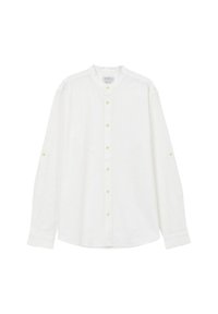Camicia bianca a maniche lunghe realizzata in un tessuto leggero, con colletto alla cinese, bottoni frontali e maniche arrotolate con dettagli a bottoni.