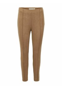 Brązowe legginsy o gładkiej fakturze, z dopasowanym krojem i pionowymi szwami. Brak widocznych kieszeni i elementów metalowych.