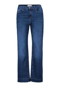 Jeans blu scuro, a gamba dritta, realizzati in denim. Presentano cinque tasche, una chiusura con bottone e una leggera scoloritura sulla parte anteriore e posteriore.