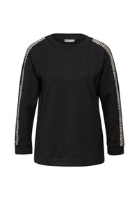 Svart sweatshirt med rund halsringning och långa raglansärmar. Har en leopardmönstrad detalj längs axelsömmen. Mjukt tygmaterial.