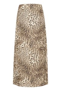 Midi sukňa s leopardím vzorom v béžovej a hnedej farbe, s rovnou siluetou, hladkým povrchom a bočnými švom pre zladený vzhľad.