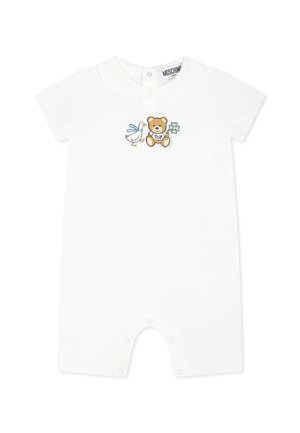 Romper en coton blanc à manches courtes, présentant un graphique d'ours et d'oiseau sur la poitrine, avec des fermetures à pression en bas.