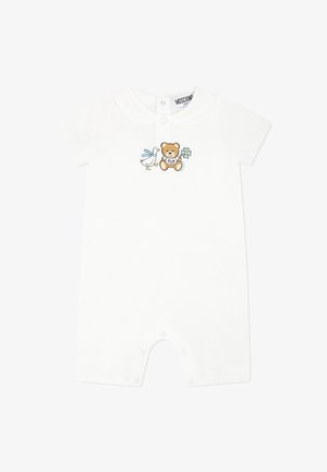 Biały bawełniany kombinezon z krótkimi rękawami, z grafiką misia i ptaka na piersi oraz zapięciem na napy na dole.