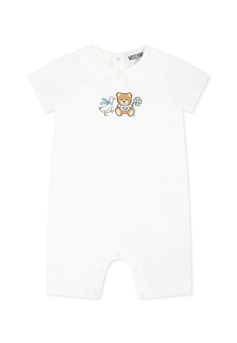 Witte katoenen romper met korte mouwen, voorzien van een beer- en vogelafbeelding op de borst, en drukknoopsluitingen onderaan.